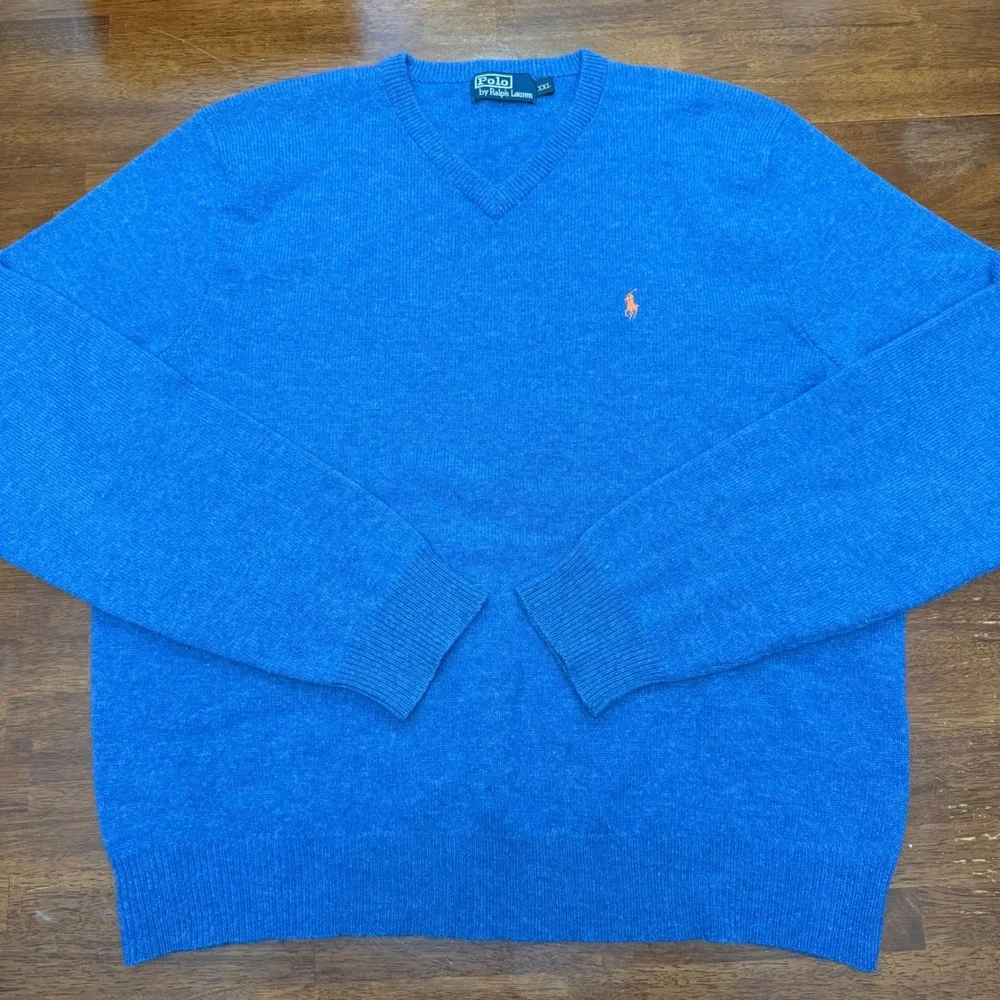 Vtg Polo Ralph Lauren Sweater Mens XXL Blue 100% Lambswool V-Neck Orange Pony